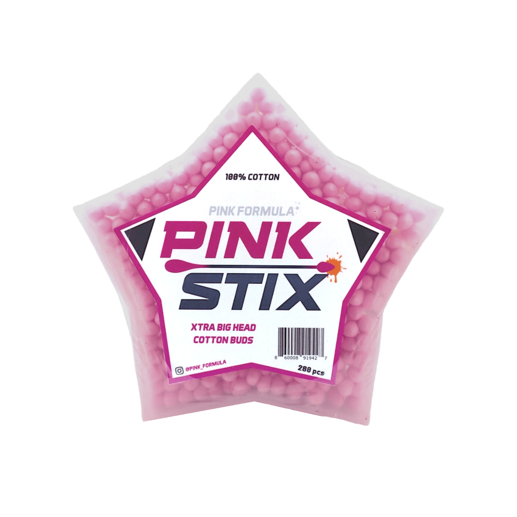 Top-close view of a star-shaped bag of Pink Stix - XL Cotton Heads: Single Pack showing pink cotton buds visible through translucent packaging and a central white logo label.