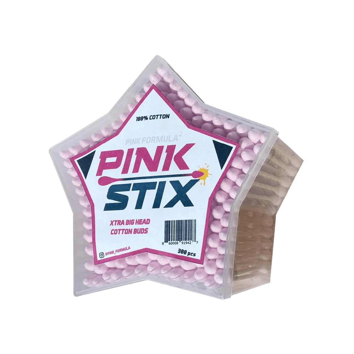 Front view of Pink Stix - XL Cotton Heads packaging with bright text on a white background.