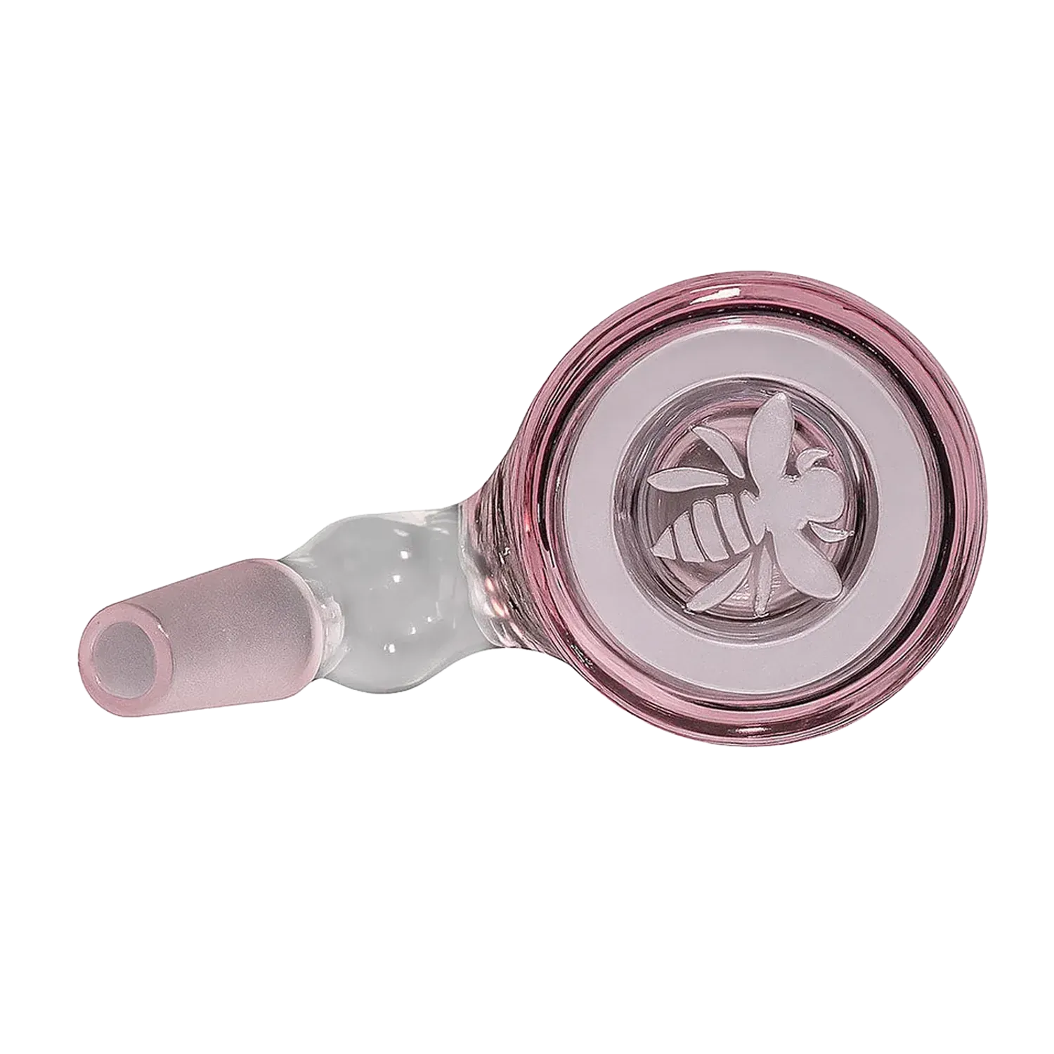 Top-down close-up of the pink glass Milkyway Bee Hive Wet Ash Catcher showing a carved bee motif inside the circular bowl.