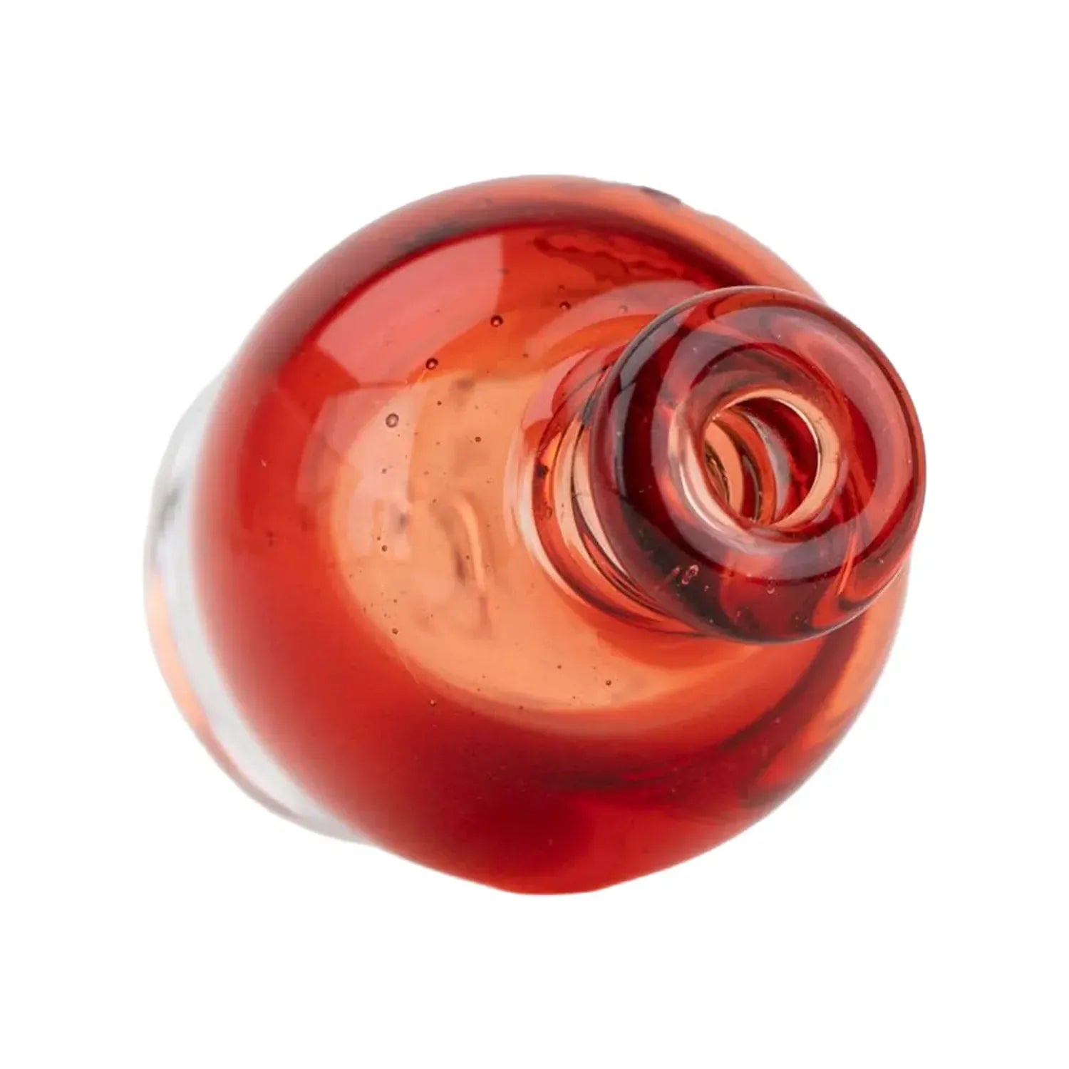 Top-down close-up of a transparent red Empire Glassworks Puffco Pivot Glass Mouthpiece showing its rounded mouth opening and glossy glass surface.