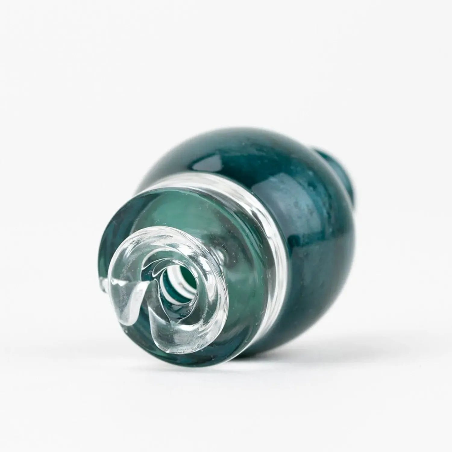Close-up shot from the mouthpiece end of the Empire Glassworks Puffco Pivot Glass Mouthpiece - Blue Lagoon showing its teal-blue blown glass body and clear spiral mouth opening on a white background