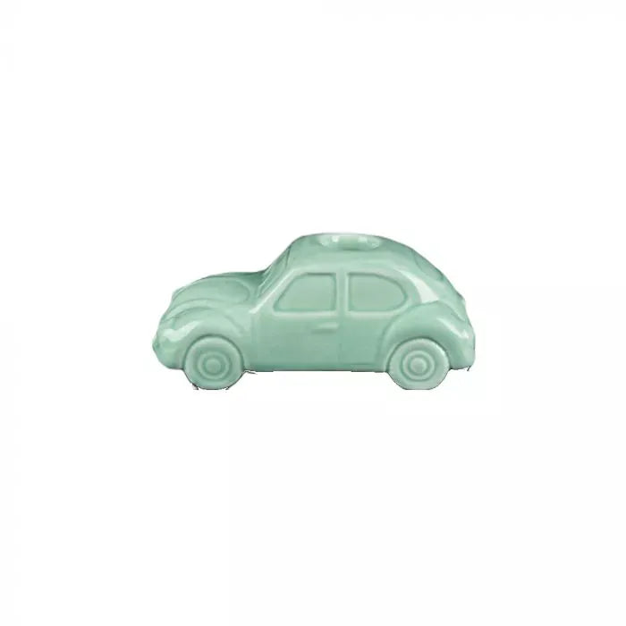 Side view of a mint-green VW Beetle Pipe shaped like a classic compact car on a white background.