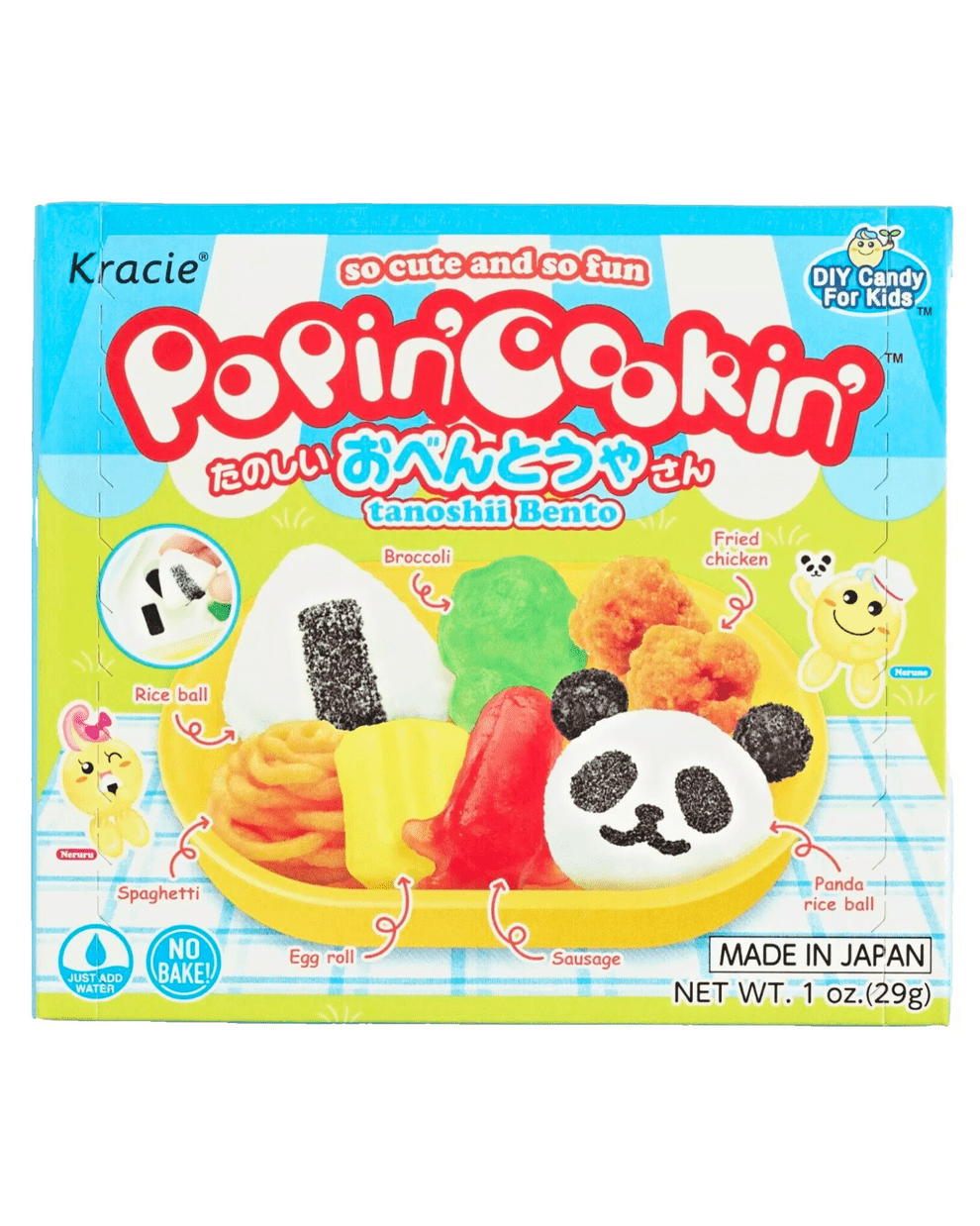 A brightly lit, front view of the DIY Candy Making Kit - Tanoshii Bento packaging, featuring colorful cartoon illustrations and Japanese text.