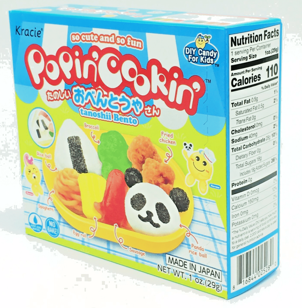 A front view of the DIY Candy Making Kit - Tanoshii Bento packaging features colorful illustrations and nutritional information in Japanese.