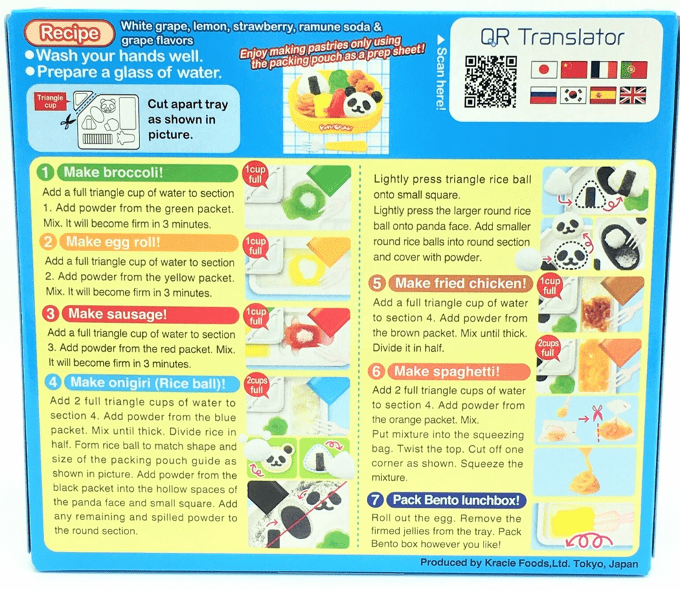 A brightly colored instructional sheet for the "DIY Candy Making Kit - Tanoshii Bento" shows close-up diagrams of a white cup and strawberry with arrows indicating steps for candy preparation.