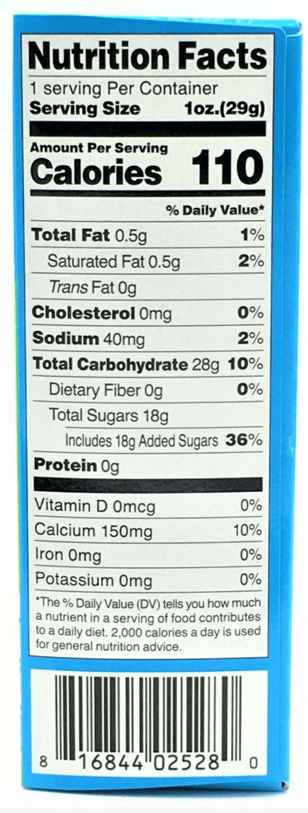 Front view of the “DIY Candy Making Kit - Tanoshii Bento” nutrition label, displaying calories and fat content in a white and blue design.
