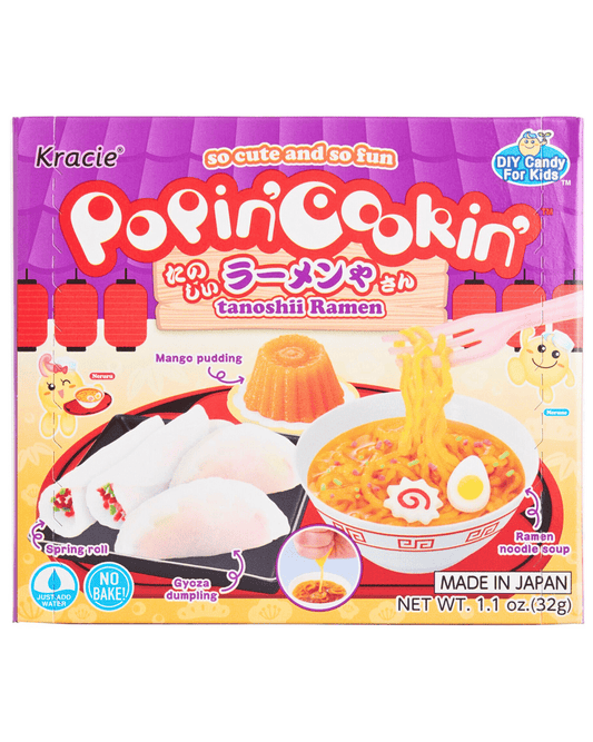 Front view of the DIY Candy Making Kit - Tanoshii Ramen packaging, showing colorful illustrations and Japanese text on a pink background.