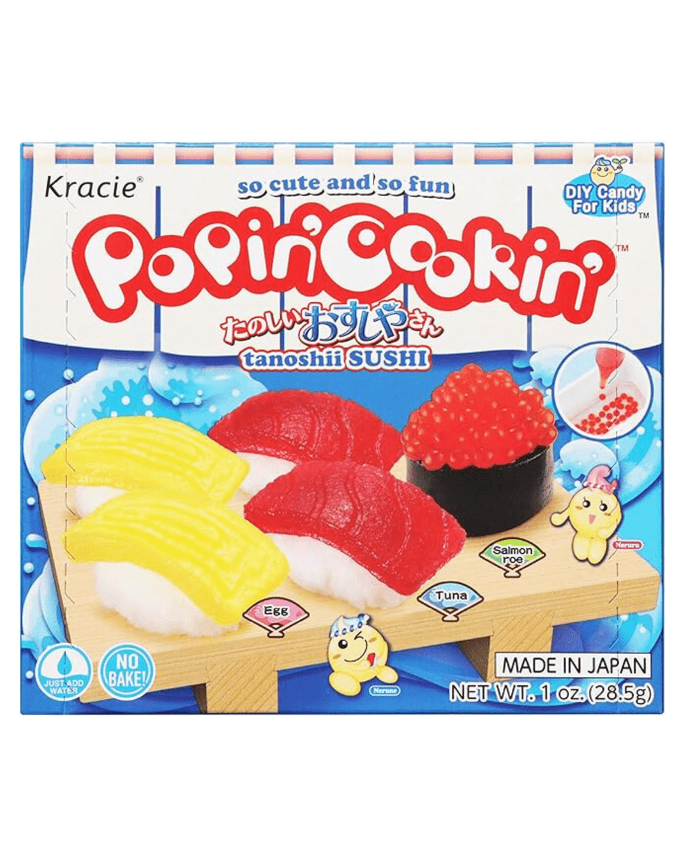 Front view of the DIY Candy Making Kit - Tanoshii Sushi packaging, featuring playful text and colorful imagery on a bright yellow background.