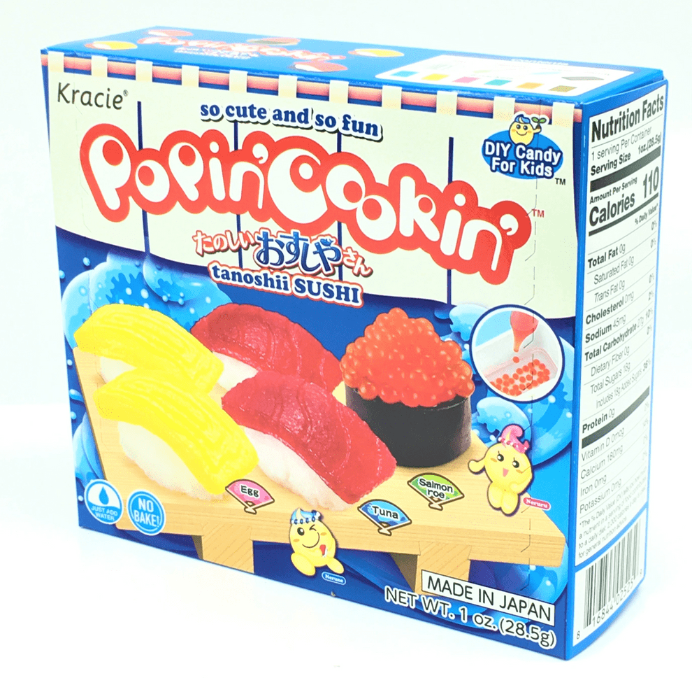 Front view of the DIY Candy Making Kit - Tanoshii Sushi packaging, displaying nutritional information and colorful cartoon graphics.