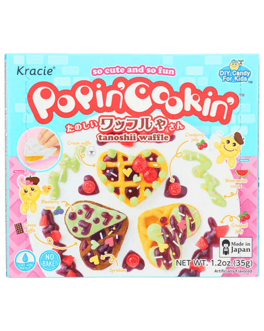 Front view of the DIY Candy Making Kit - Tanoshii Waffle packaging, featuring colorful cartoon characters and Japanese text.