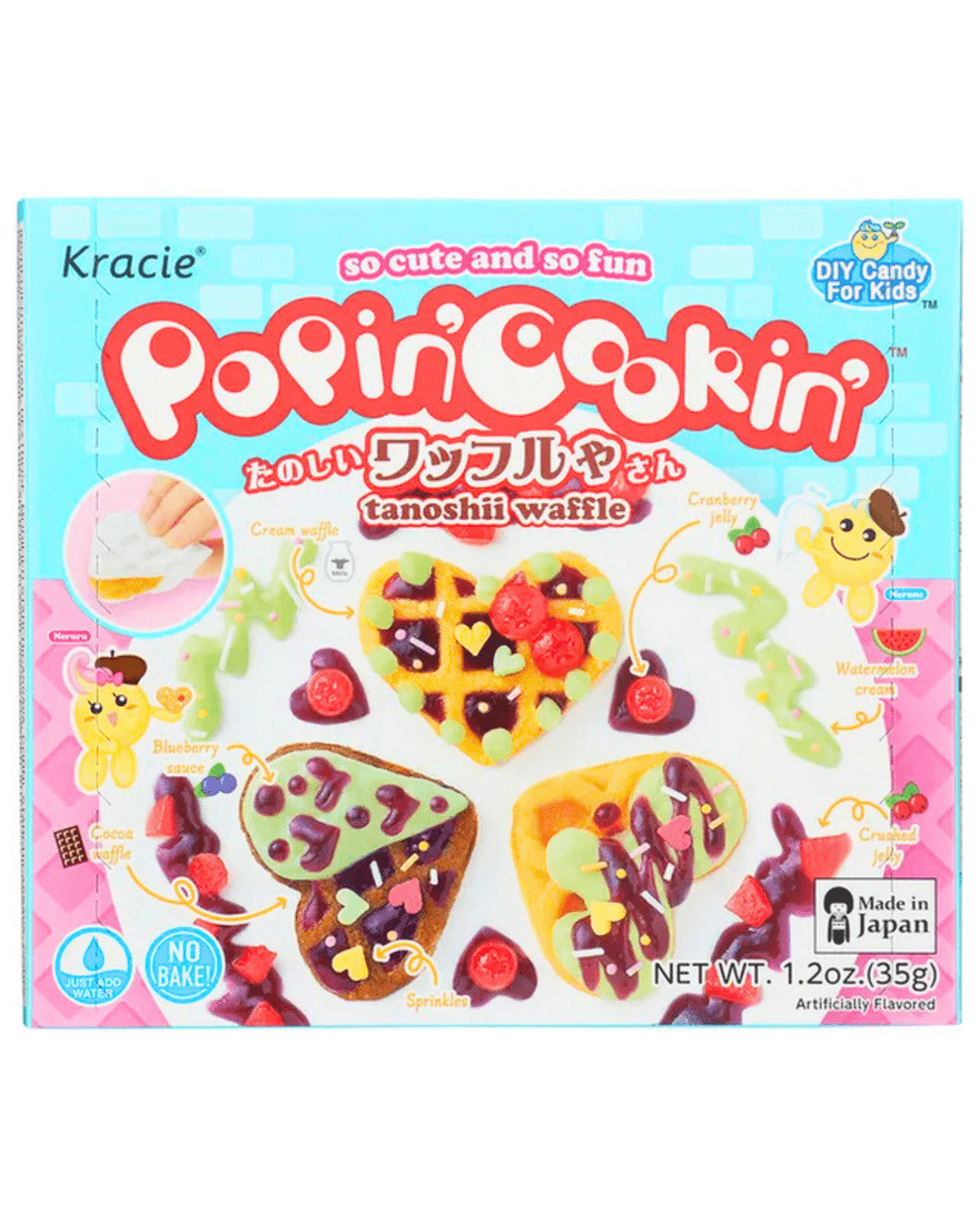 Front view of the DIY Candy Making Kit - Tanoshii Waffle packaging, featuring colorful cartoon characters and Japanese text.