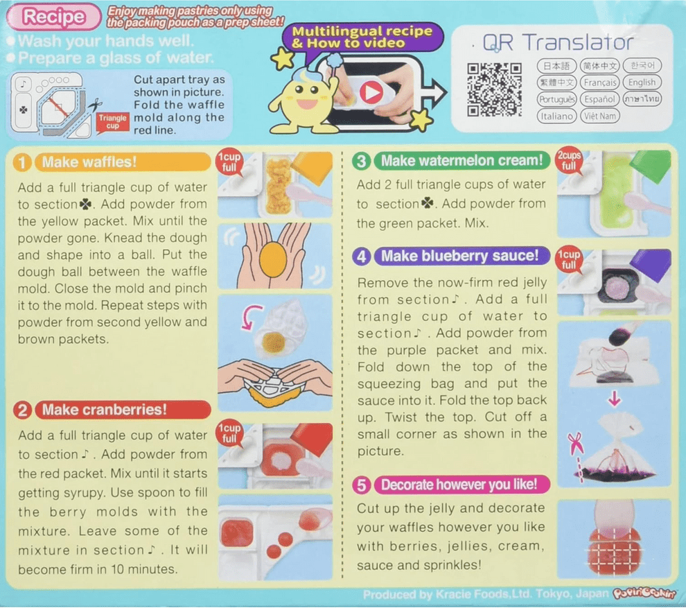 Close-up, overhead view of the "DIY Candy Making Kit - Tanoshii Waffle" instructions featuring colorful images of waffle-making steps and multilingual text.