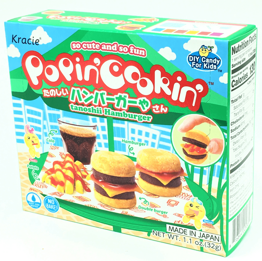 A front view of the DIY Candy Making Kit - The Hamburger Box, showing a colorful box with cartoon hamburger graphics and nutrition facts.