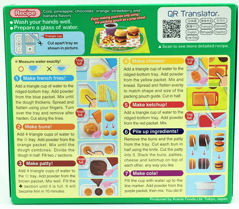 A brightly colored instruction sheet for the “DIY Candy Making Kit - The Hamburger Box” shows steps for making candy with a cartoon hamburger illustration.