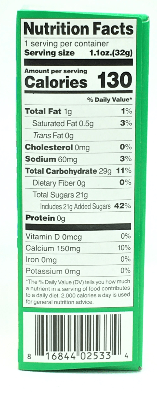 A close-up of nutrition facts for the DIY Candy Making Kit - The Hamburger Box, showing calorie and nutrient percentages in a white box.