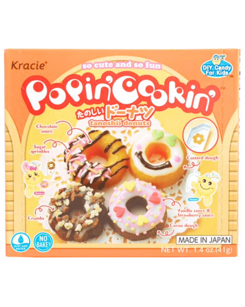 A brightly lit close-up of the finished donuts from the Kracie Popin Cookin DIY Candy Making Kit, showcasing a playful, colorful arrangement.