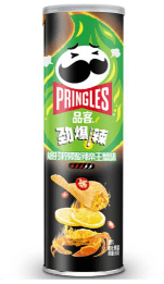 Front view of Pringles - Chili Lemon Crab, showcasing the vibrant packaging design with a crab illustration.