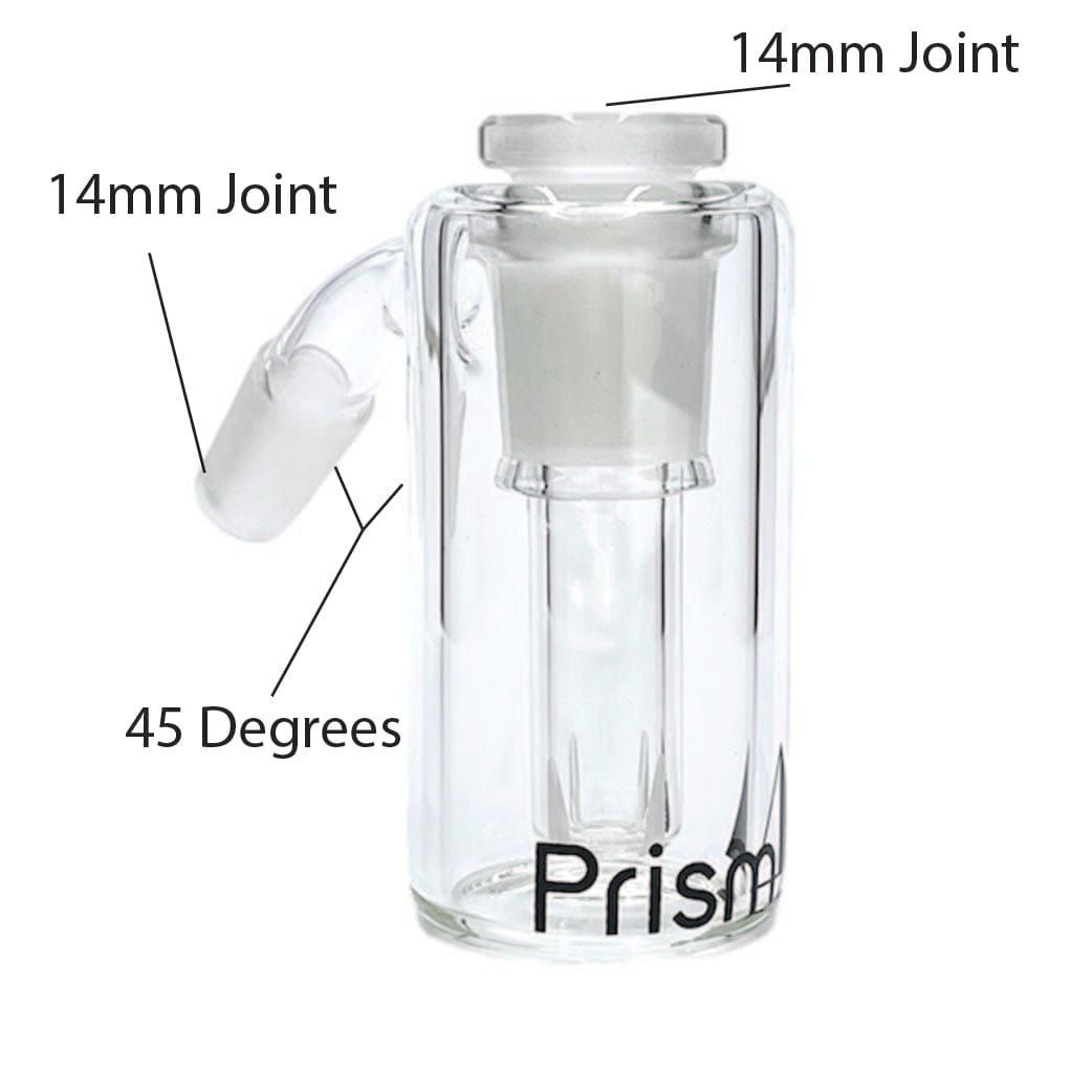 Front three-quarter view of the Prism Beaker Base Ash Catcher in clear glass with a 45-degree angled 14mm joint and visible inner downstem.