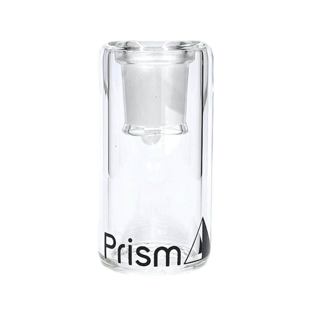 Front-facing view of the Prism Beaker Base Ash Catcher showing its clear cylindrical glass body and internal joint against a white background.