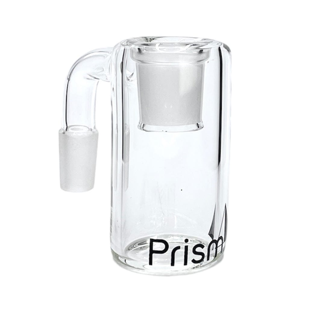 Front-facing view of the clear Prism Klein Incycler Base Ash Catcher showing its straight cylindrical chamber, side joint and partial black "Prism" logo on a white background.