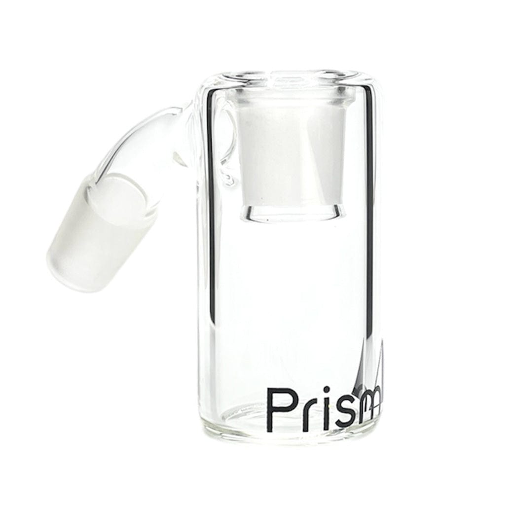 Front three-quarter view of the Prism Percolated Beaker Base Ash Catcher in clear glass with a bent joint and black logo on a white background.