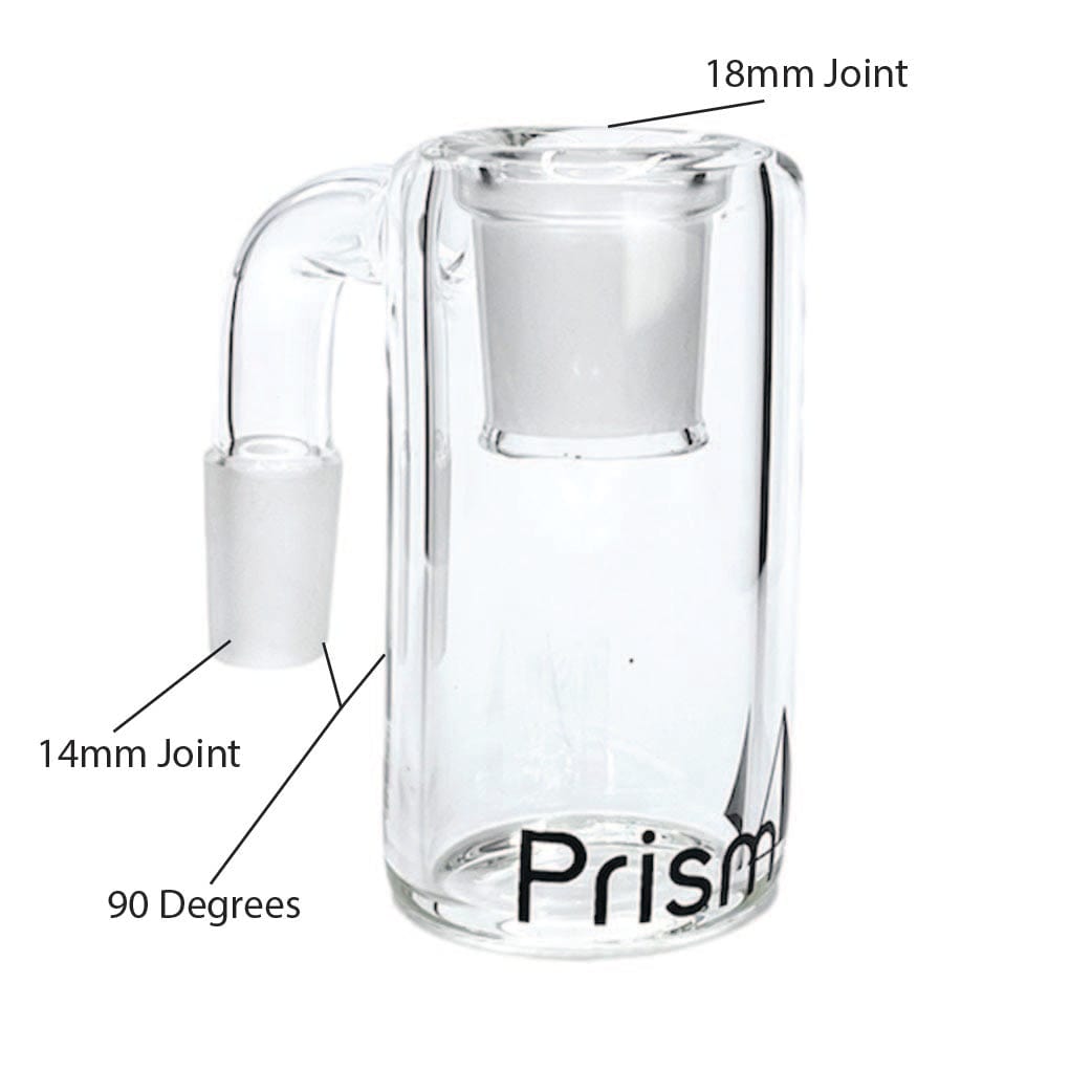 Front three-quarter view of the Prism Klein Incycler Base Ash Catcher showing its clear glass cylinder, 90-degree joint arm, and black "Prism" logo at the base.