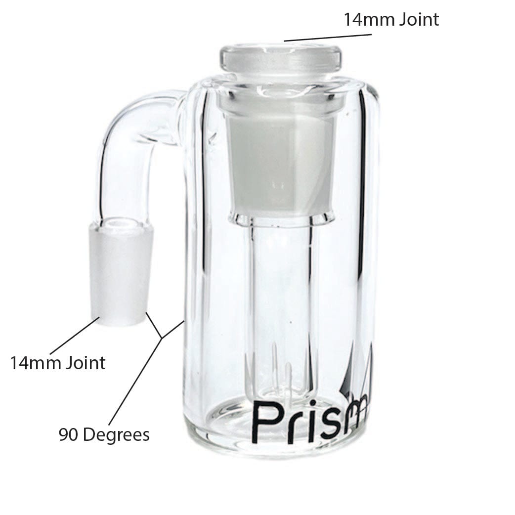 Front three-quarter view of the clear Prism Klein Incycler Base Ash Catcher showing its cylindrical chamber, 90-degree side joint and printed "Prism" logo.