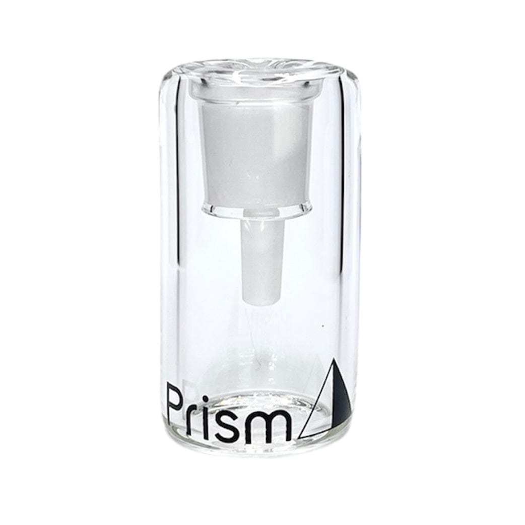 Centered front view of a clear Prism Klein Incycler Base Ash Catcher with a visible inner joint and black "Prism" logo on a white background