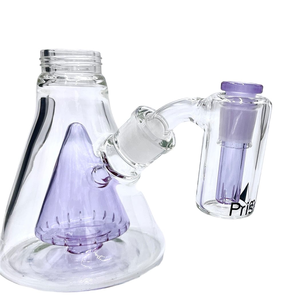 Angled close-up of the Prism Percolated Beaker Base Ash Catcher showing its bubble-gum purple internal cone percolator and clear glass chamber.