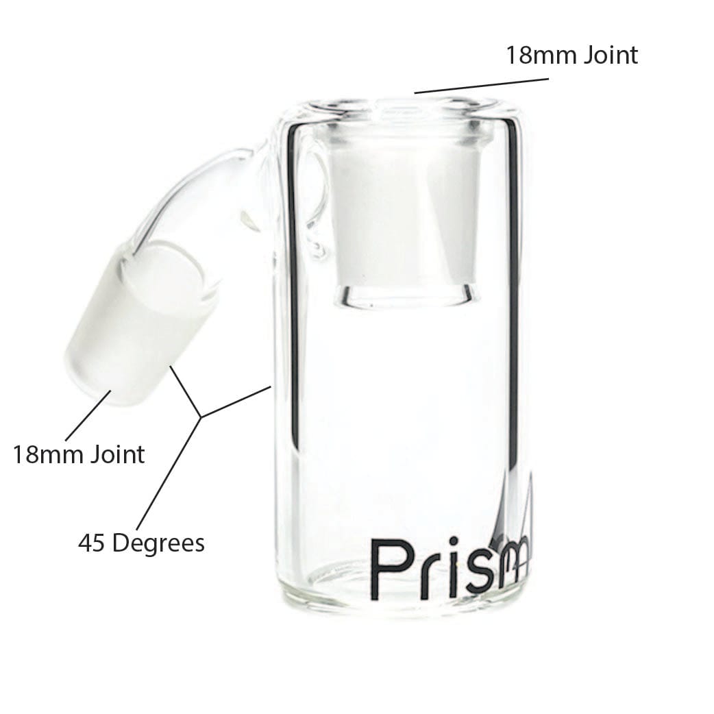 Right-side view of the Prism Percolated Beaker Base Ash Catcher showing its clear cylindrical glass body, 45-degree angled joint, and partial logo near the base.