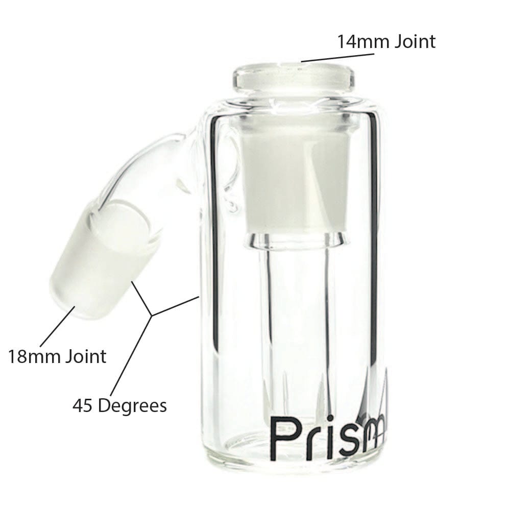 Clear studio side view of the Prism Percolated Beaker Base Ash Catcher showing its cylindrical glass body, angled joint, and logo.