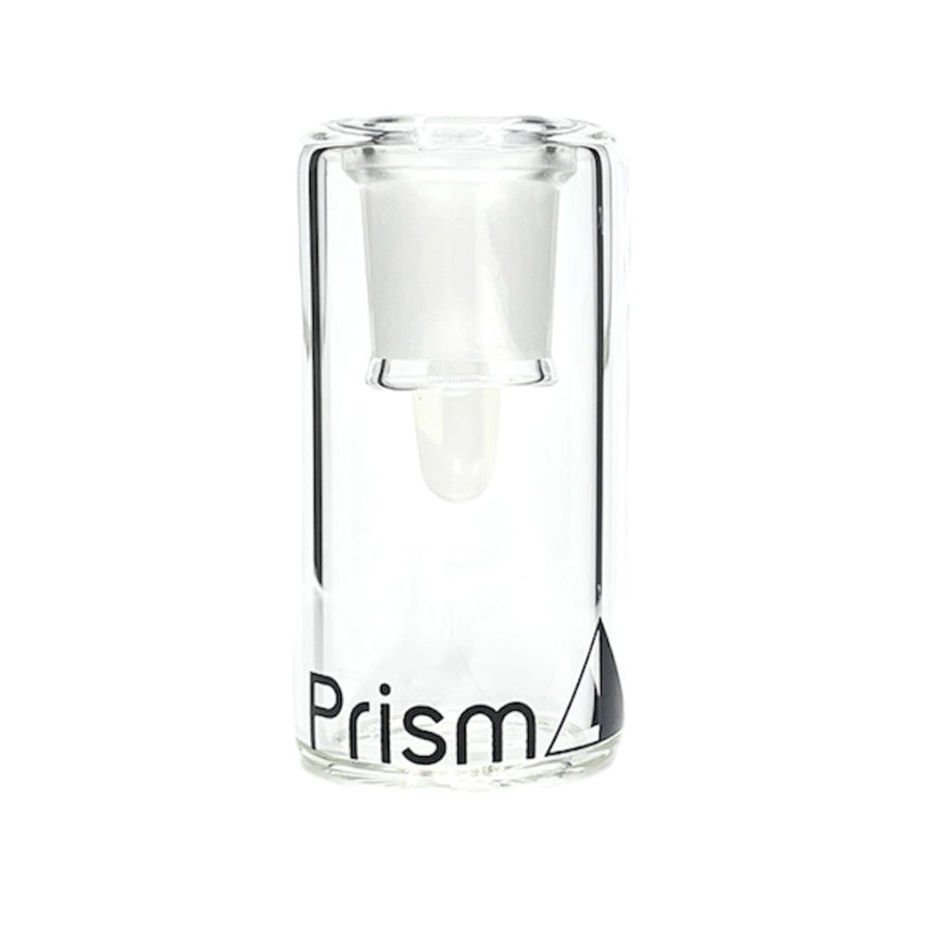 Front-facing shot of the Prism Percolated Beaker Base Ash Catcher showing its clear cylindrical glass body with internal downstem and black "Prism" logo at the base.