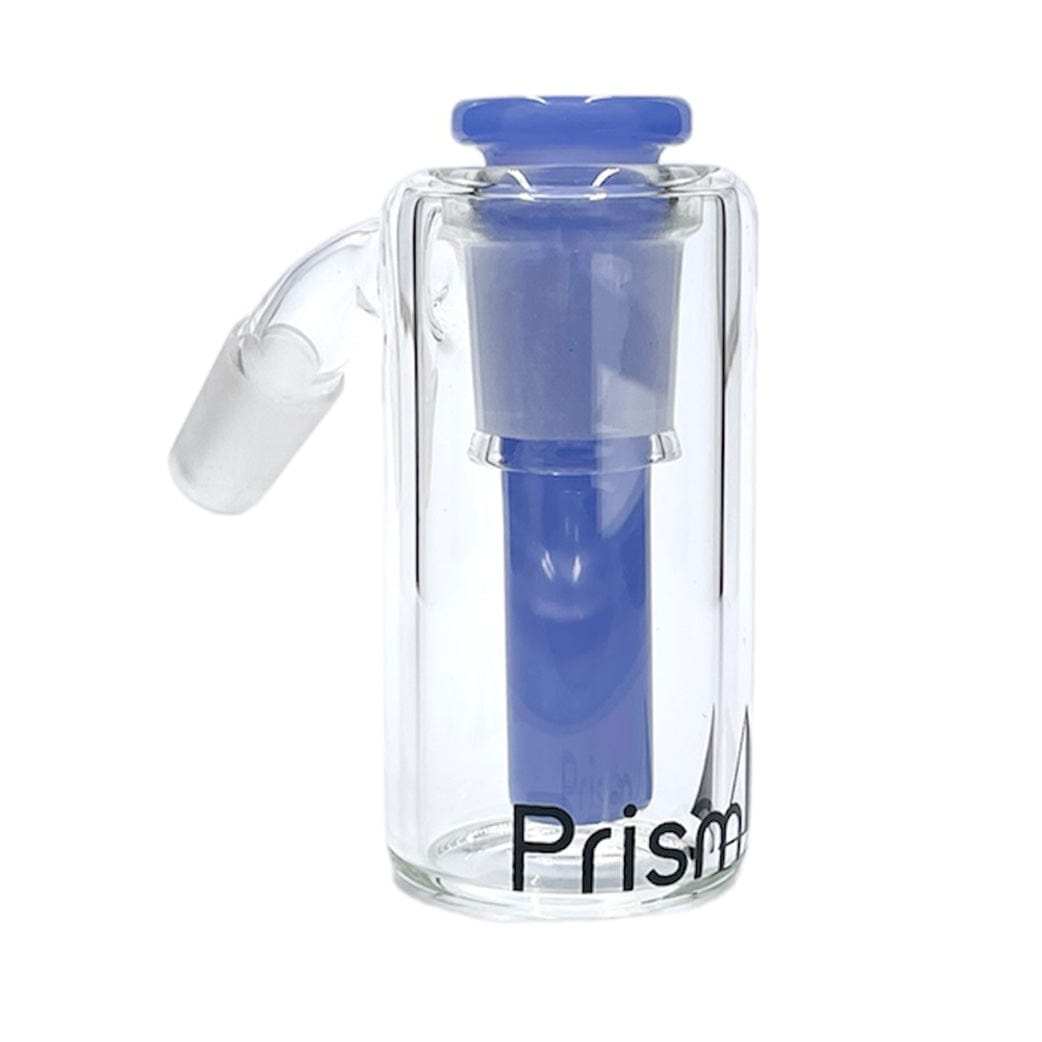 Close-up front view of the Prism Beaker Base Ash Catcher showing a clear cylindrical glass body with a centered sapphire-blue inner stem and angled joint against a white background