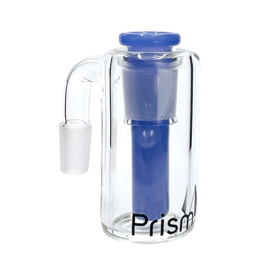 Front-facing shot of the Prism Klein Incycler Base Ash Catcher showing a clear cylindrical glass body with a central blue incycler tube and matching blue top against a white background