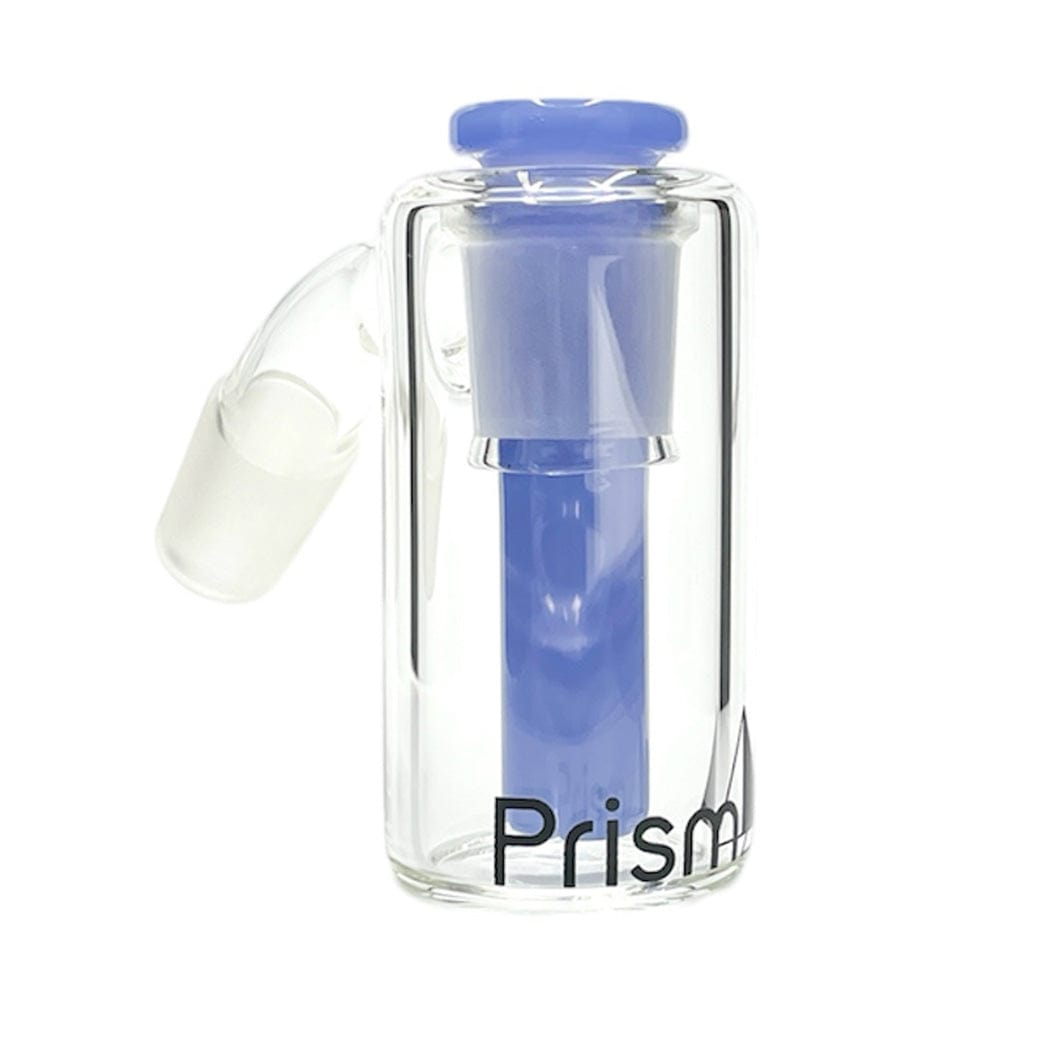 Close-up, front view of the Prism Percolated Beaker Base Ash Catcher showing a clear glass cylinder with a centered light blue percolator and angled joint on a white background