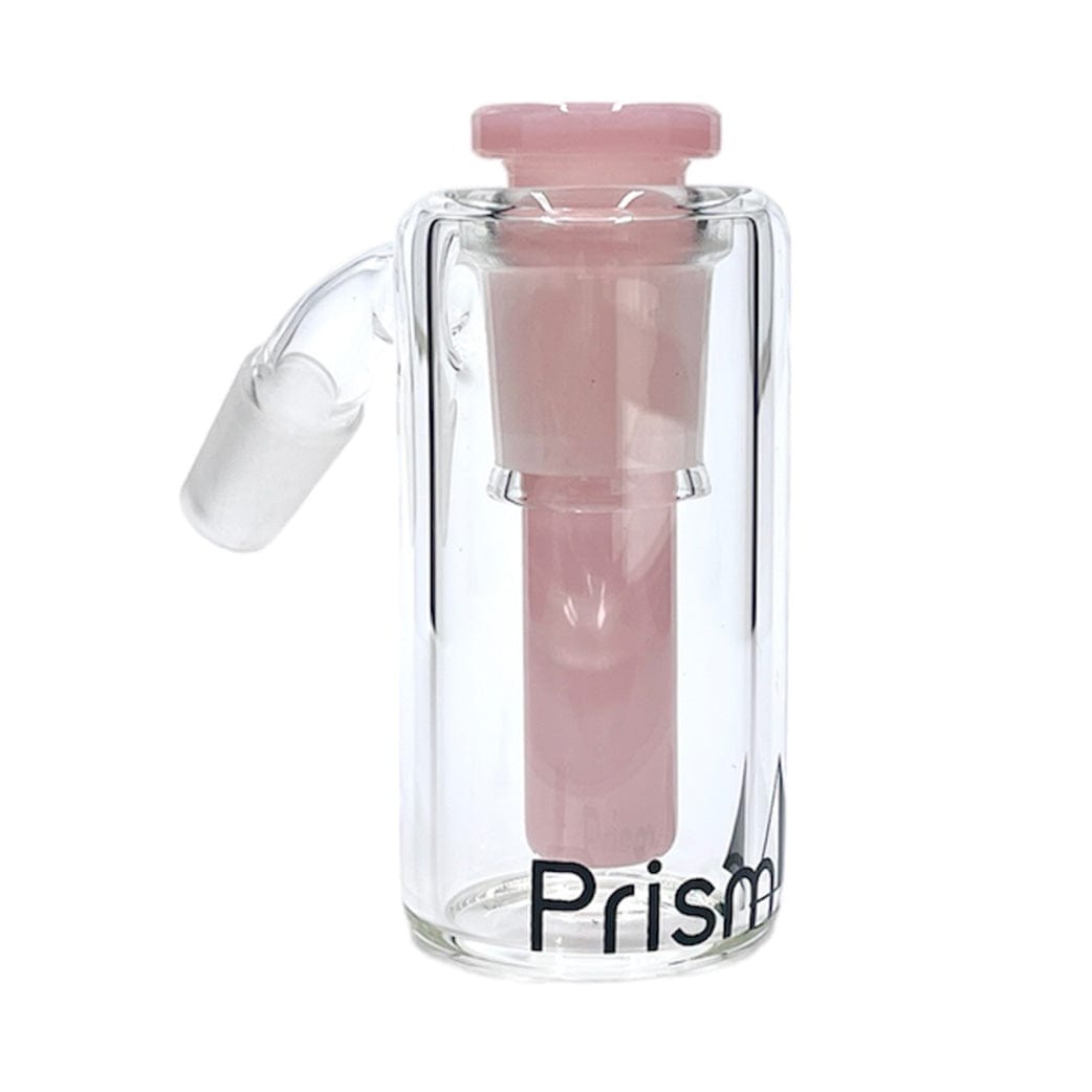 Front-facing shot of the Prism Beaker Base Ash Catcher showing a clear glass cylinder with a pink inner beaker and angled joint against a white background.