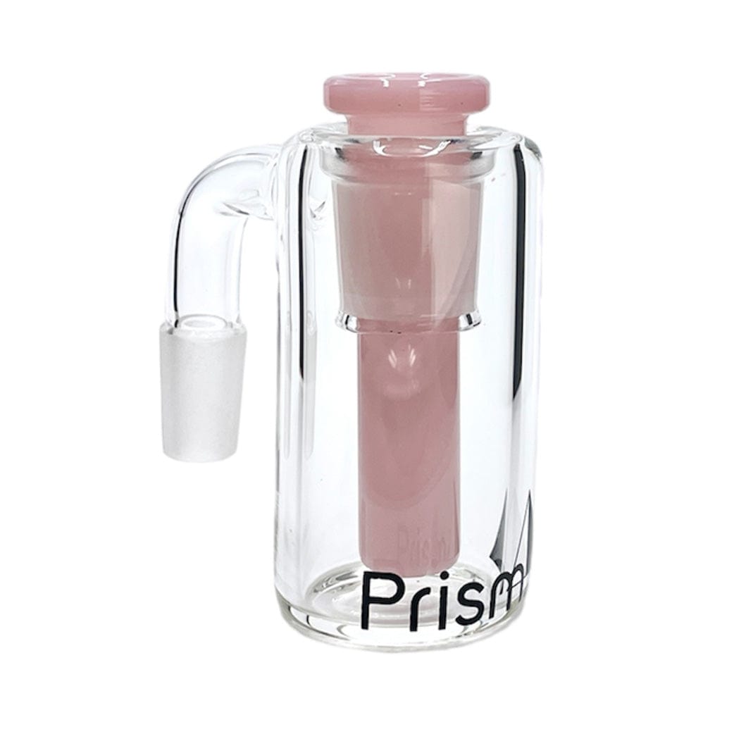Front-facing shot of the Prism Klein Incycler Base Ash Catcher showing clear glass body, pink inner tube and top piece against a white background.