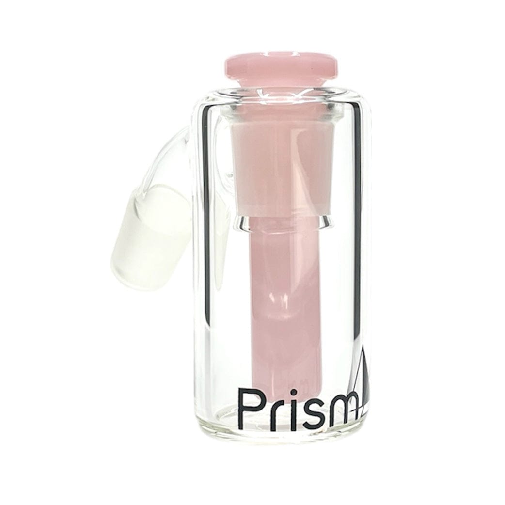 Front-facing view of the Prism Percolated Beaker Base Ash Catcher showing a clear glass cylinder with a vertical pink percolator tube and matching pink top on a white background