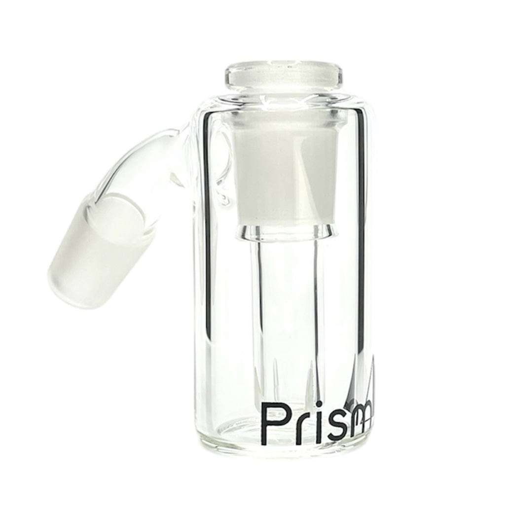 Front-facing studio shot of the Prism Percolated Beaker Base Ash Catcher showing its clear cylindrical glass body, angled joint, and partial "Prism" logo at the base.