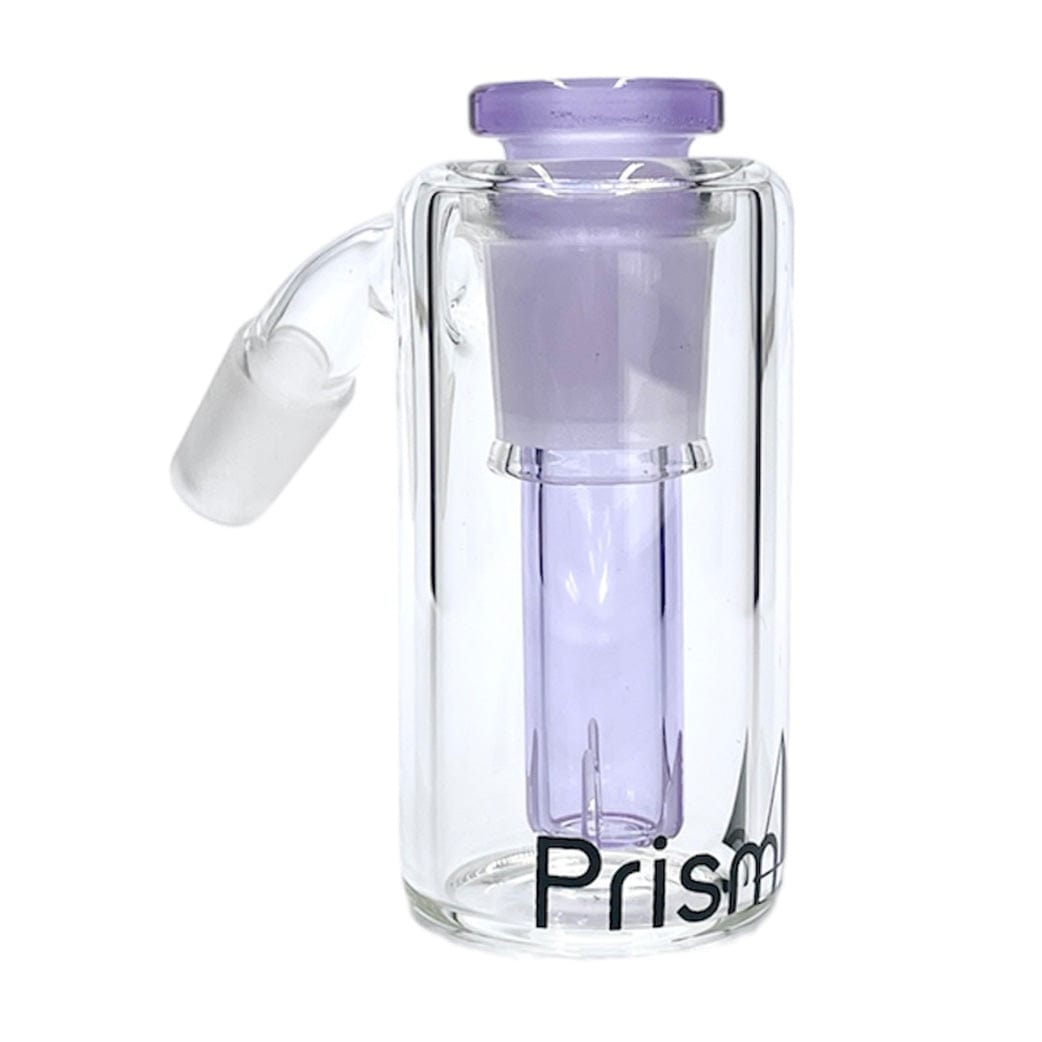 Front three-quarter view of the Prism Beaker Base Ash Catcher showing a clear glass cylinder with a grape‑taffy purple inner tube and purple rim against a white background