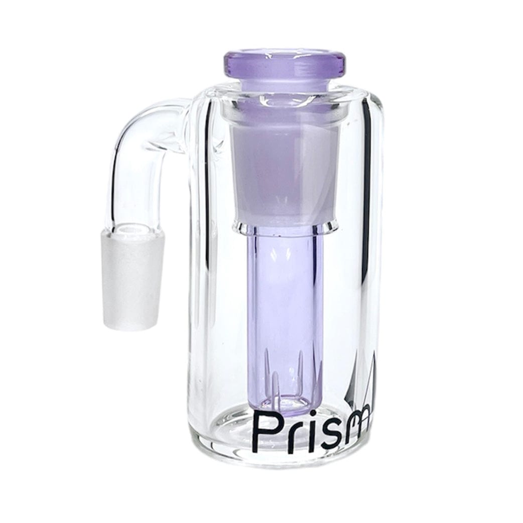 Front-facing shot of a clear glass Prism Klein Incycler Base Ash Catcher with a pale purple internal tube and matching top collar against a white background