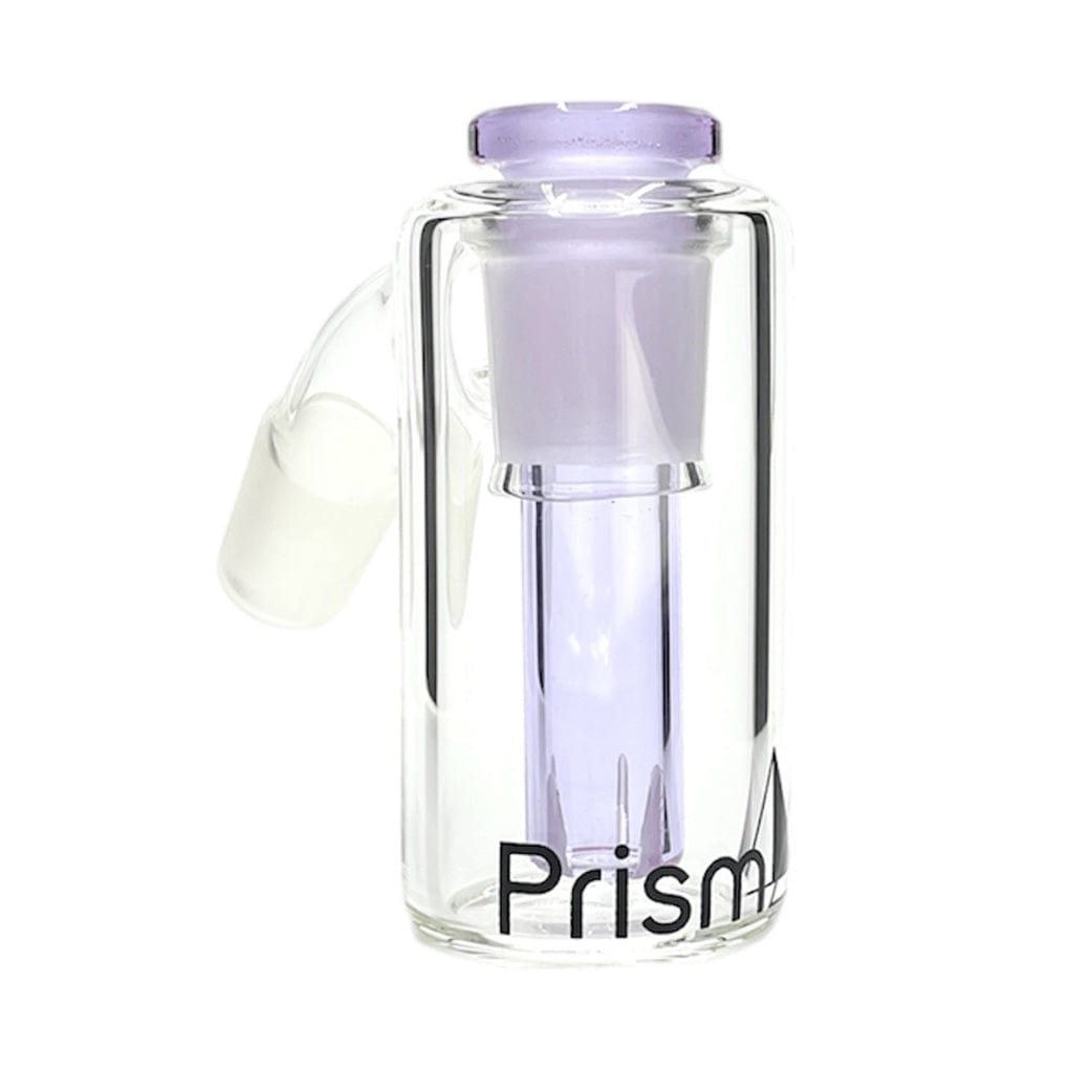Front-facing shot of the Prism Percolated Beaker Base Ash Catcher showing a clear glass cylinder with a pink lemonade-tinted inner percolator and angled joint against a white background