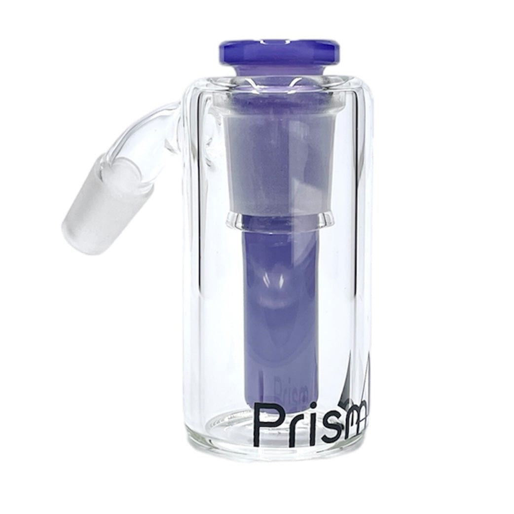 Front-facing shot of the Prism Beaker Base Ash Catcher showing a clear cylindrical glass body with a purple inner percolator and angled joint against a white background