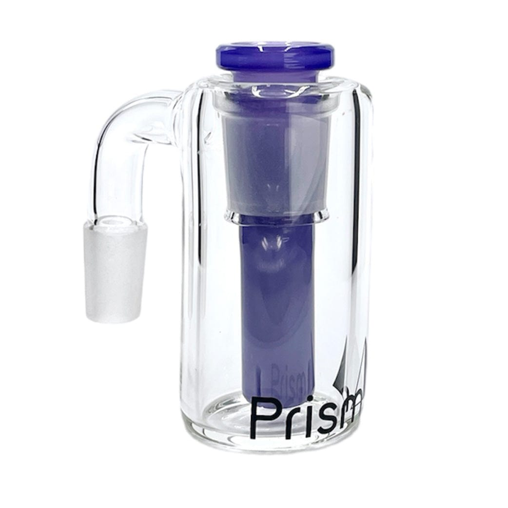 Front three-quarter view of a clear glass Prism Klein Incycler Base Ash Catcher showing a vertical midnight-purple inner tube and matching top cap against a white background.