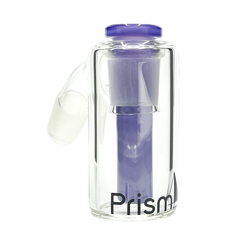 Front-facing shot of the Prism Percolated Beaker Base Ash Catcher showing its blueberry-colored inner percolator and clear glass body with the Prism logo at the base.