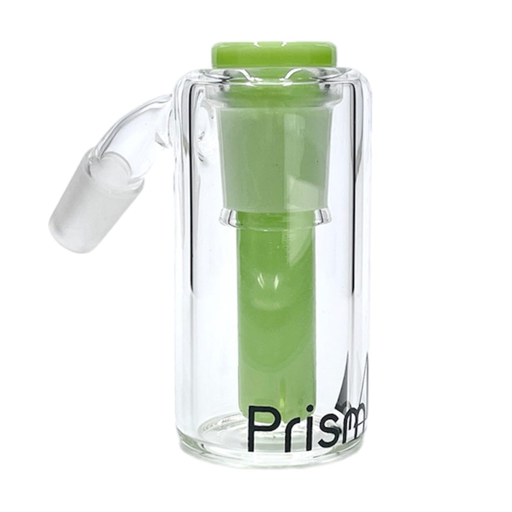 Front-facing close-up of the Prism Beaker Base Ash Catcher showing a clear cylindrical glass body with a lime-green internal stem and angled joint against a white background.