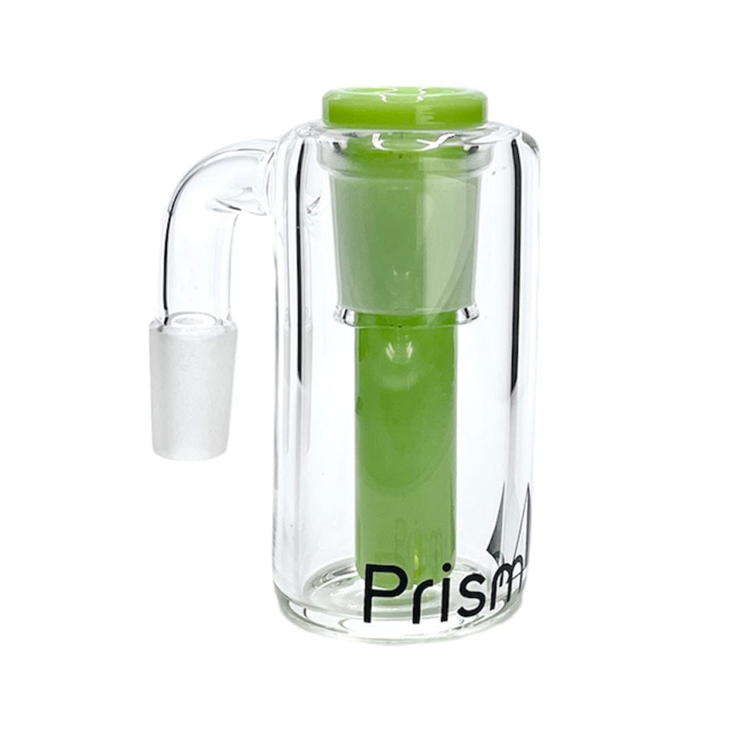 Front-facing studio shot of the Prism Klein Incycler Base Ash Catcher showing a clear cylindrical glass body with a mint green internal incycler and a side joint against a white background.