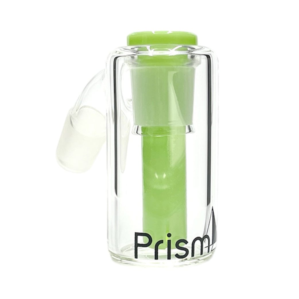 Close-up front view of the Prism Percolated Beaker Base Ash Catcher showing a clear cylindrical glass body with a central lime‑green percolator and tilted joint.