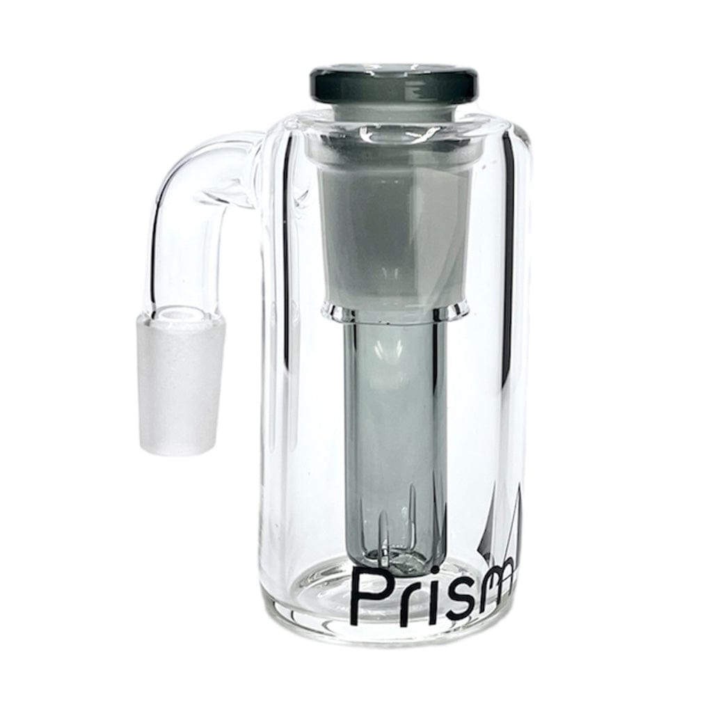 Front-facing studio shot of the Prism Klein Incycler Base Ash Catcher showing its clear cylindrical glass body, gray inner tube and angled side joint against a white background.