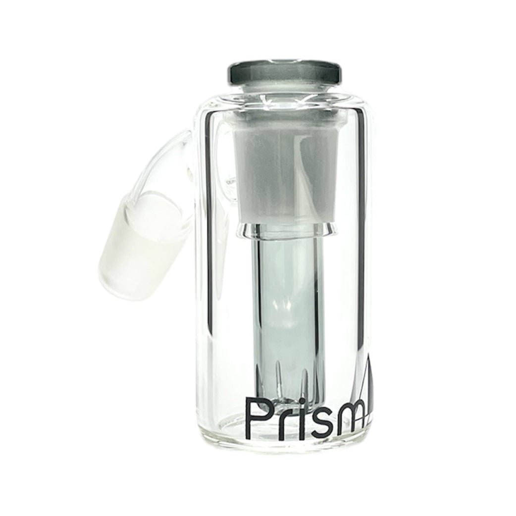 Front-facing view of the Prism Percolated Beaker Base Ash Catcher in clear glass showing its cylindrical chamber, internal downstem percolator, angled joint, and black Prism logo at the base